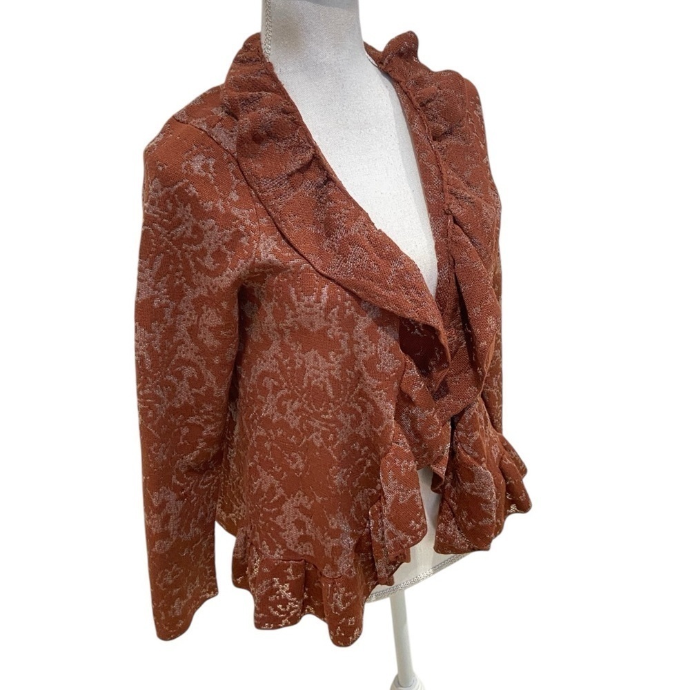 NWT Chico’s burnout cardigan sweater pattern rich mahogany ruffle collar medium